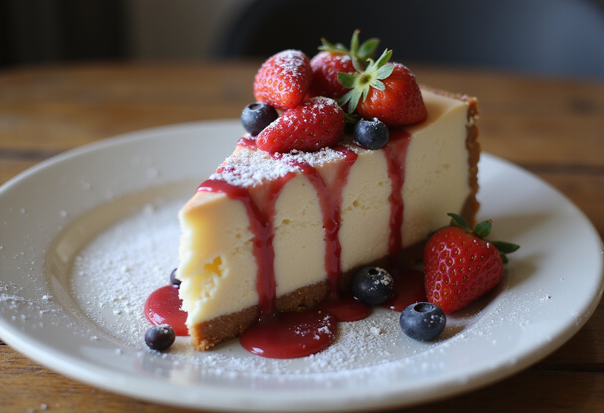Delicious slice of homemade no-bake cheesecake garnished with fresh berries.