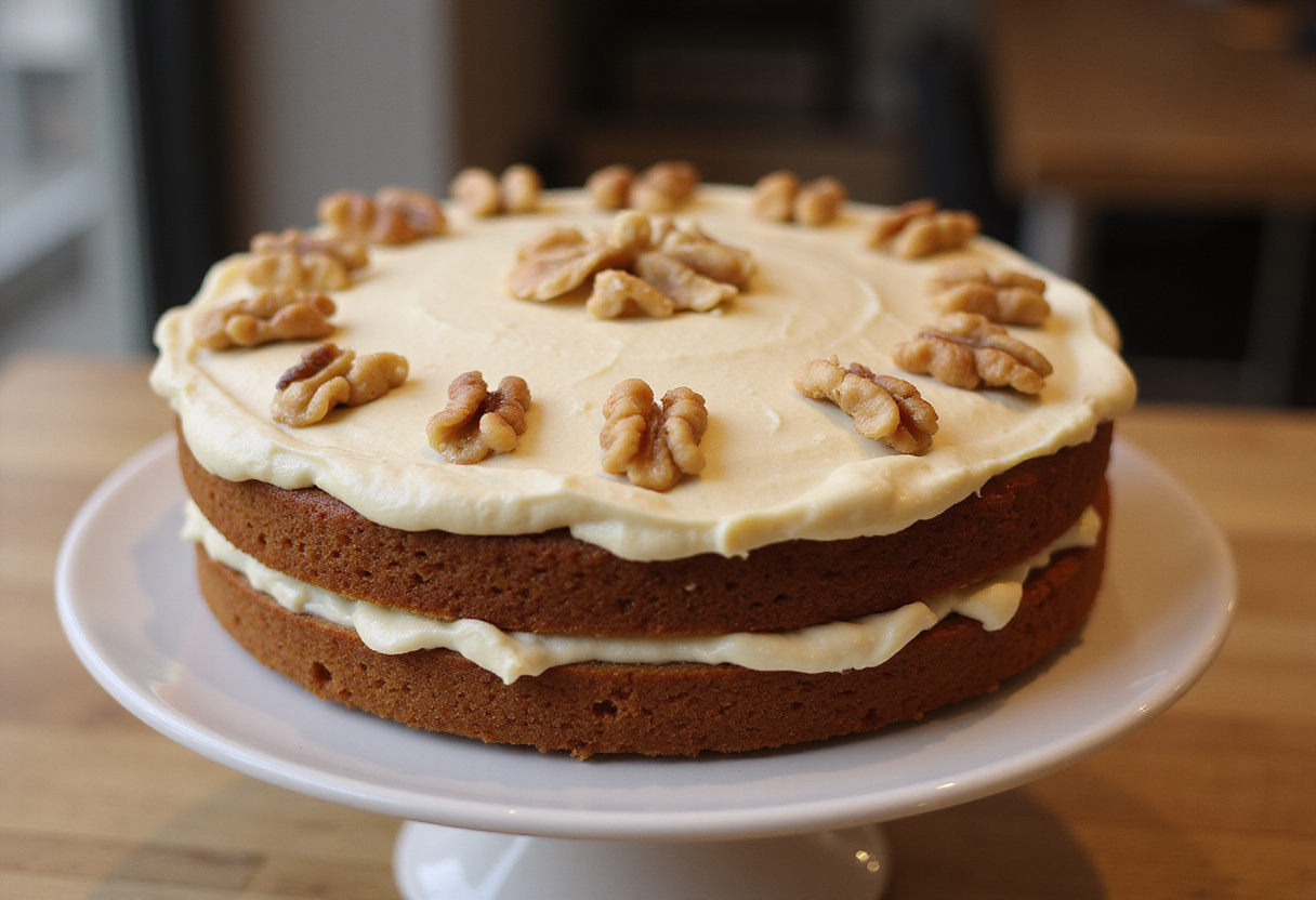 Delicious homemade carrot cake with cream cheese frosting and walnuts for dessert.