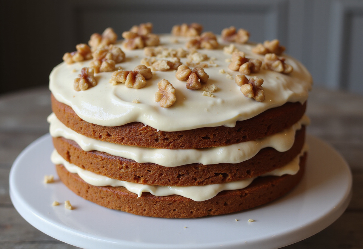 Delicious homemade carrot cake with cream cheese frosting and walnuts for dessert.