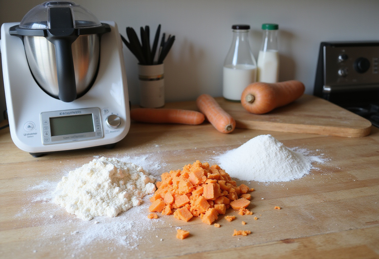 Ingredients prepared on a counter to prepare carrot cake with a Thermomix.