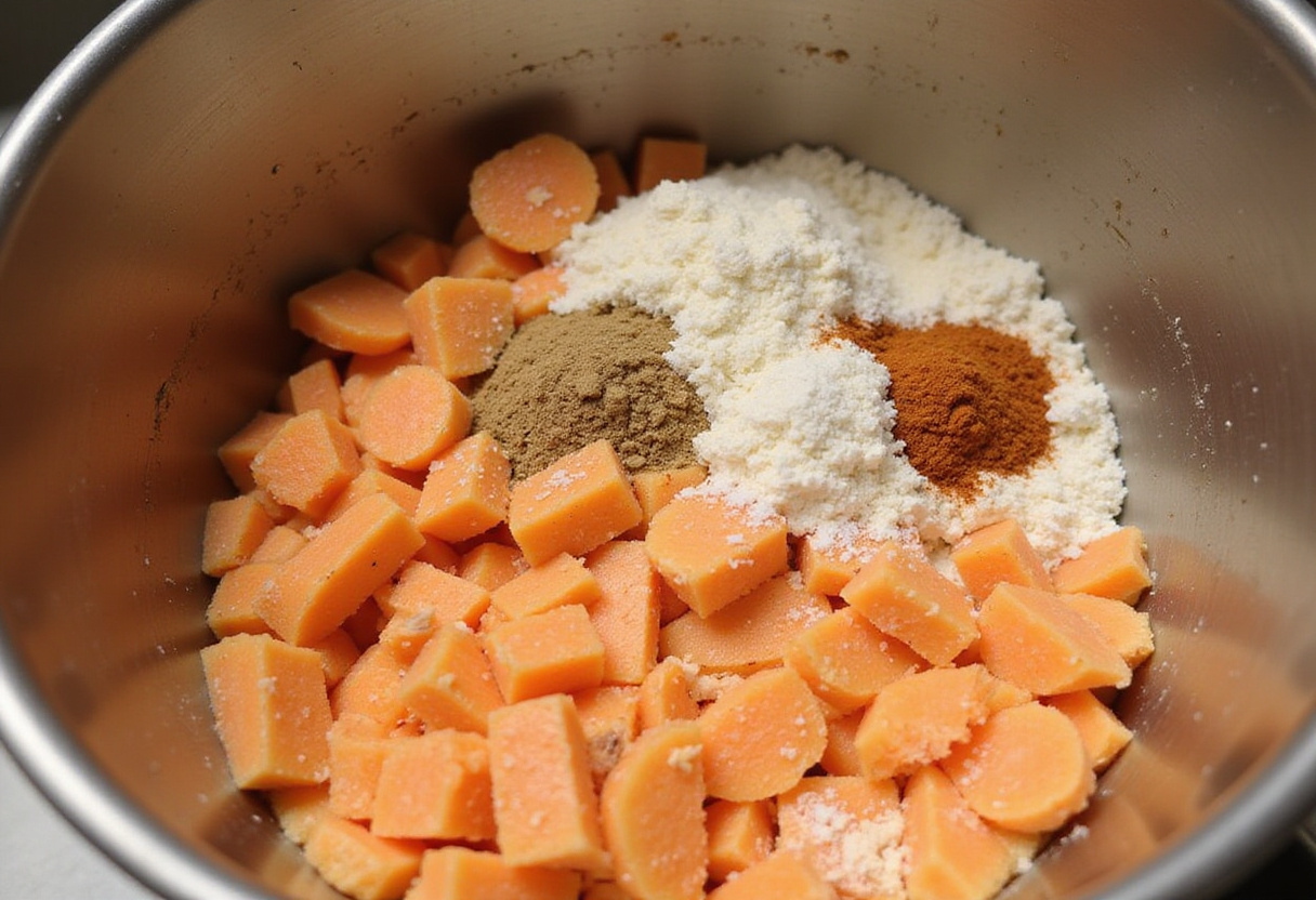 Mixing carrot cake ingredients inside a Thermomix bowl for homemade cake.