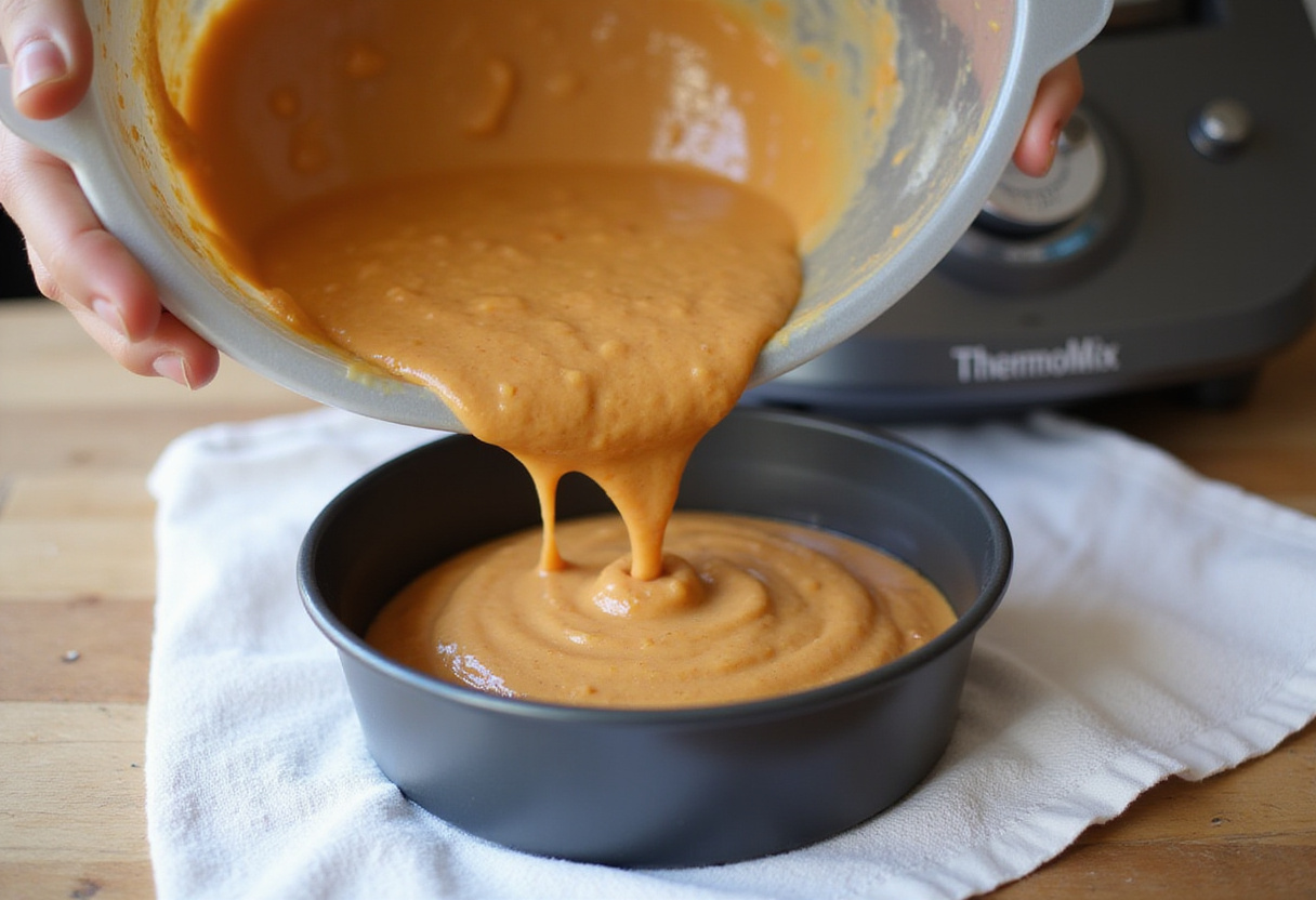 Pouring carrot cake batter into a baking pan from a Thermomix.