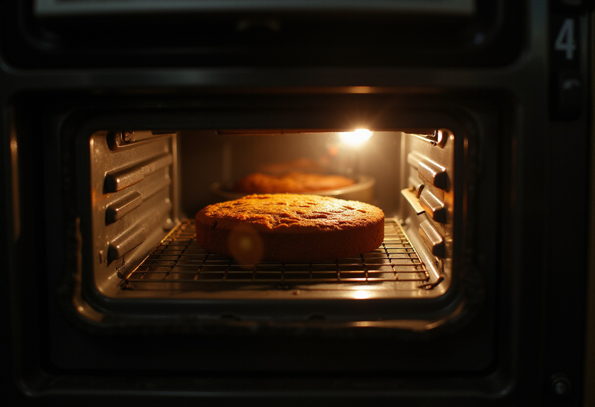 Carrot cake baking inside an oven, visible through the glass door.