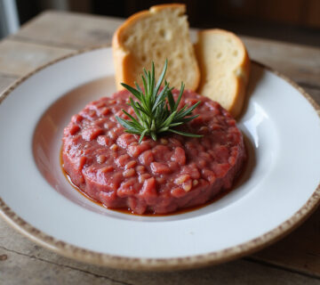Delicious fuet tartare served with crusty bread, perfect for a Spanish appetizer.