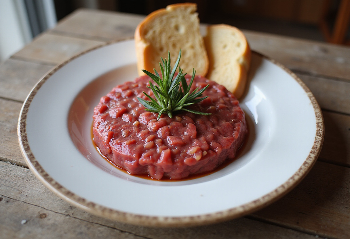 Delicious fuet tartare served with crusty bread, perfect for a Spanish appetizer.