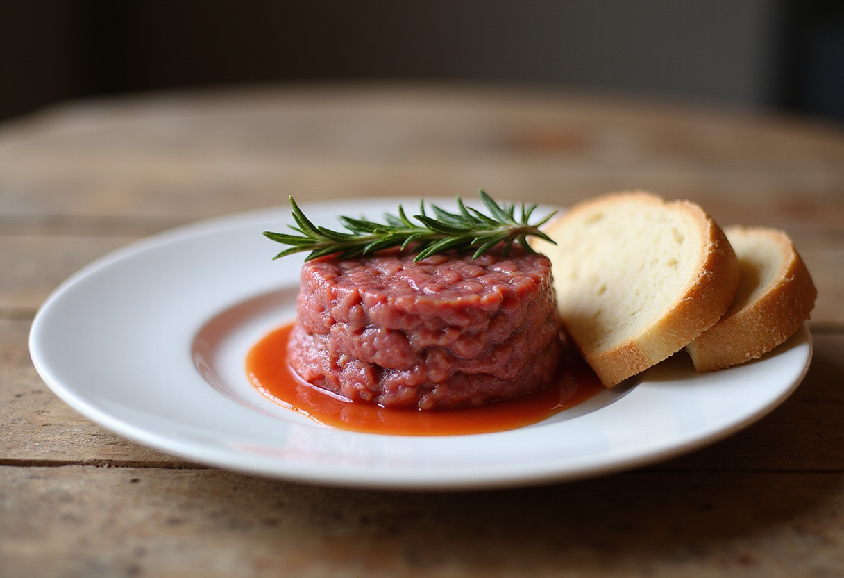 Delicious fuet tartare served with crusty bread, perfect for a Spanish appetizer.