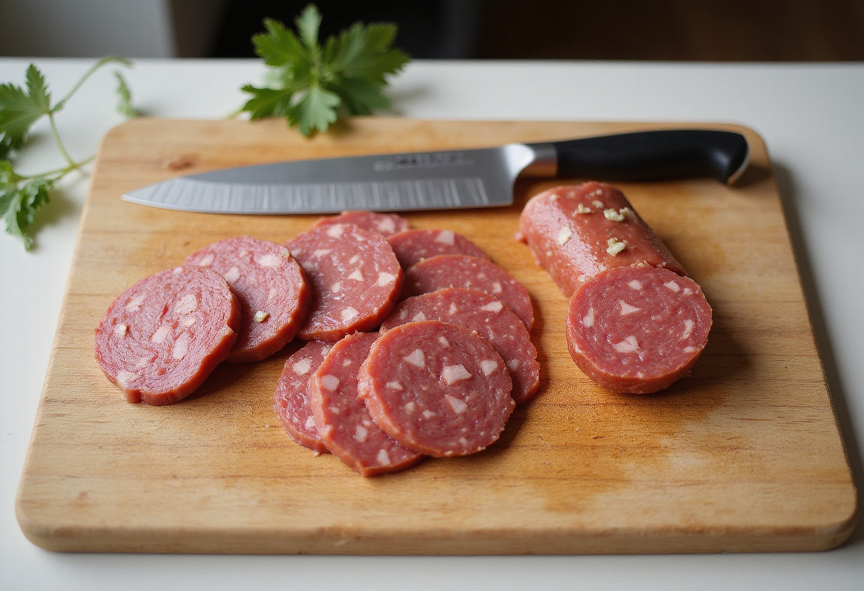 Fuet sausage and knife ready for making homemade fuet tartare.