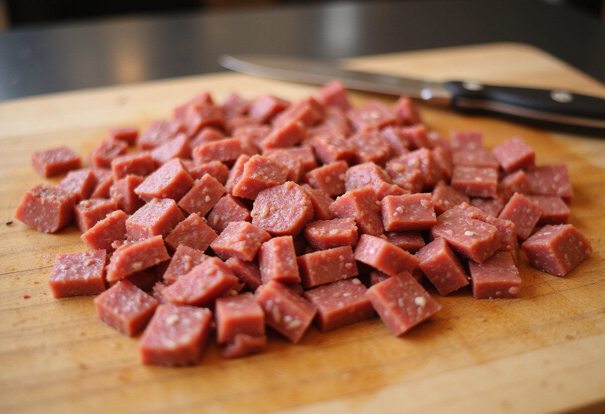 Finely diced fuet sausage on a cutting board for authentic fuet tartare.