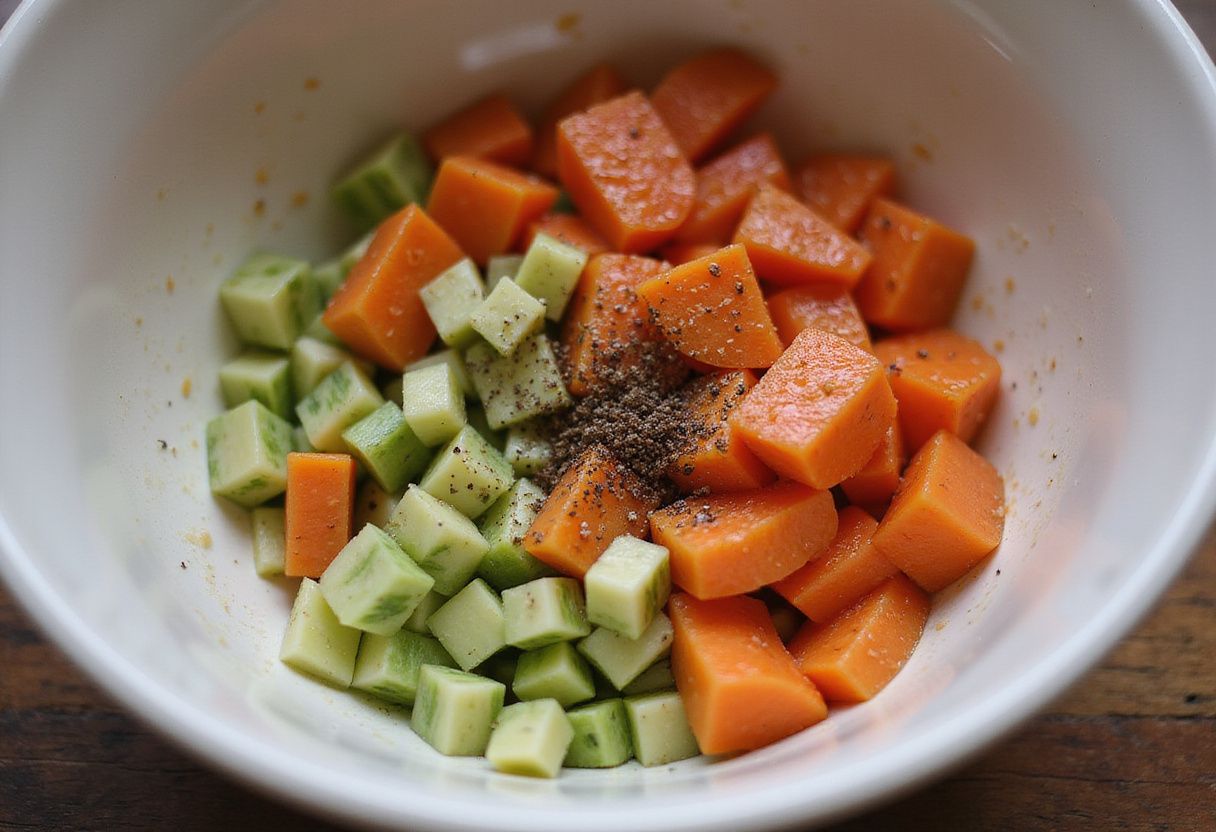 Mixing diced fuet with olive oil and pepper for robust fuet tartare.