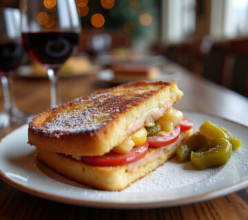 Croque Monsieur Montagnard terminado, perfecto para una cena invernal, acompañado de encurtidos y vino tinto.