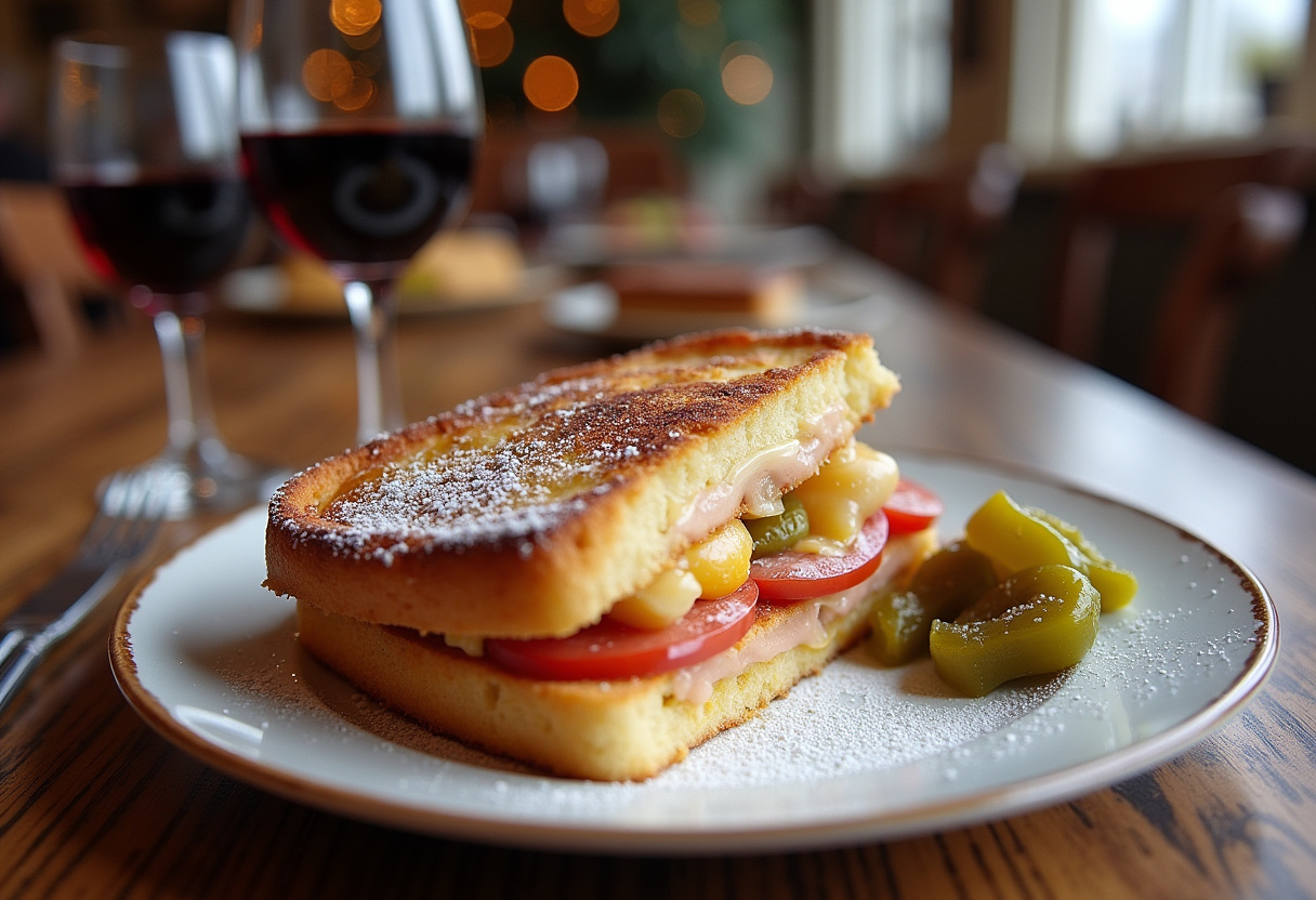 Croque Monsieur Montagnard terminado, perfecto para una cena invernal, acompañado de encurtidos y vino tinto.