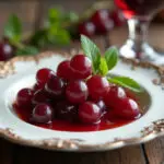 Uvas al vino tinto servidas en un plato, decoradas con menta, listas para disfrutar.