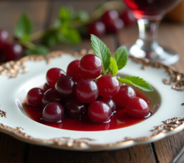 Uvas al vino tinto servidas en un plato, decoradas con menta, listas para disfrutar.