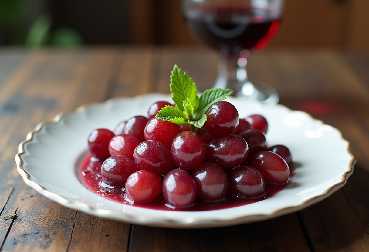 Uvas al vino tinto servidas en un plato, decoradas con menta, listas para disfrutar.