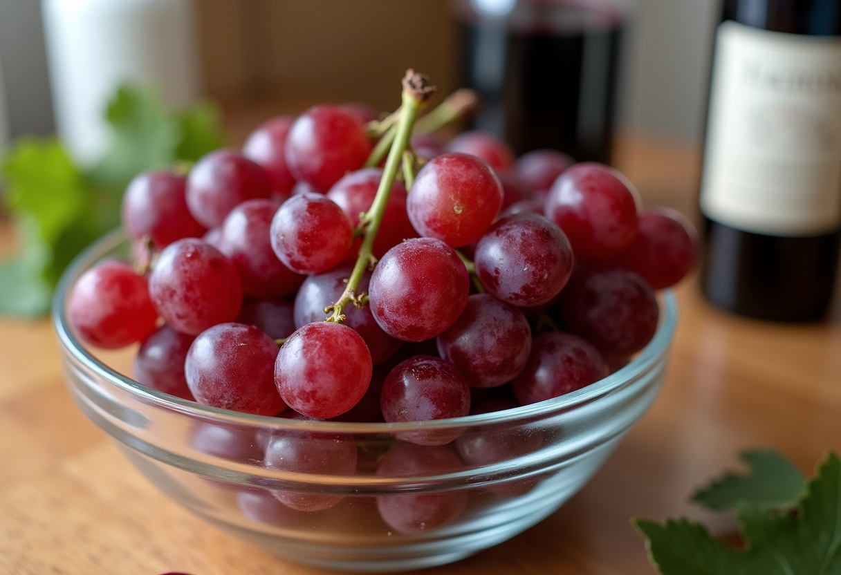 Uvas frescas lavadas en un tazón de vidrio para preparar uvas al vino tinto.