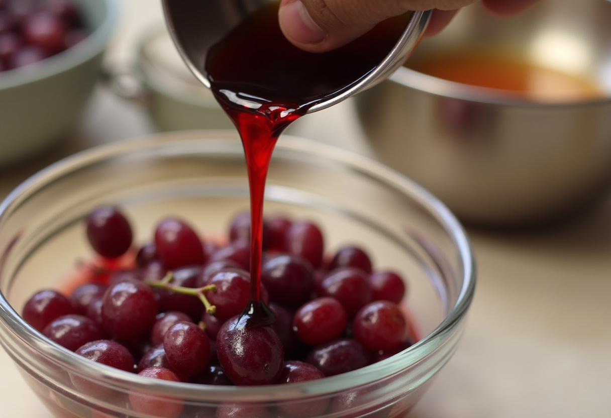 Almíbar de vino tinto caliente siendo vertido sobre las uvas para la receta.