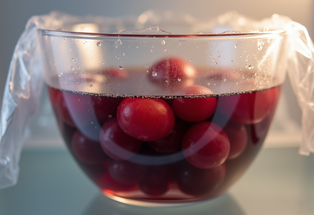 Uvas en almíbar de vino tinto cubiertas y refrigeradas para marinar.