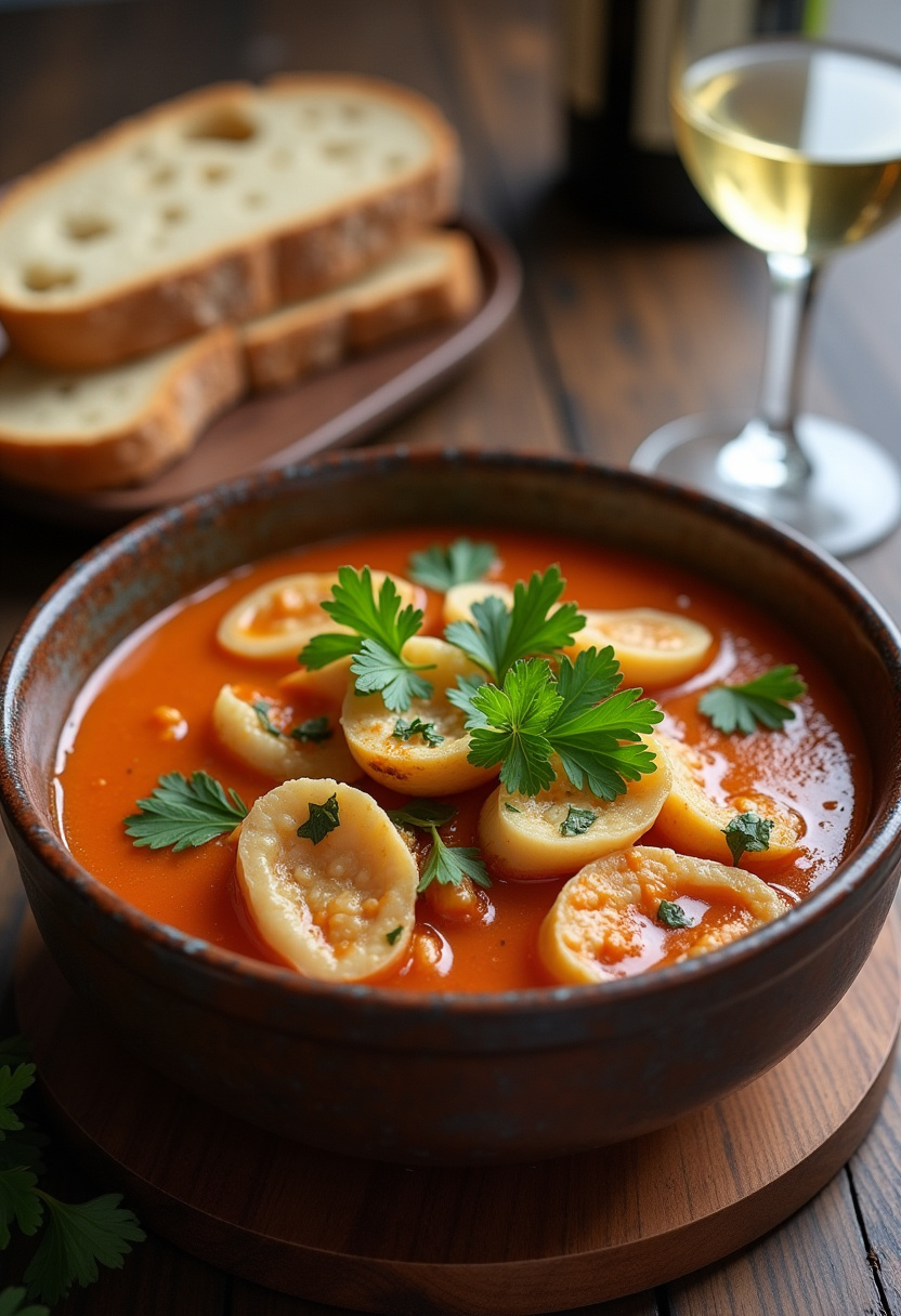 Delicious Verdinas con Almejas served with parsley, bread, and white wine.