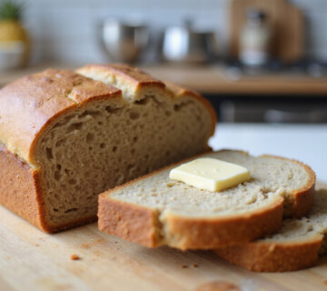 Delicious sliced and buttered modern spelt bread, ready to serve.