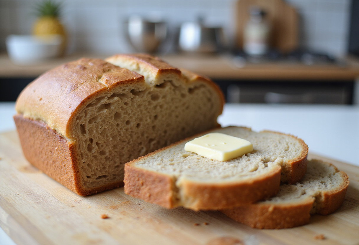 Delicious sliced and buttered modern spelt bread, ready to serve.