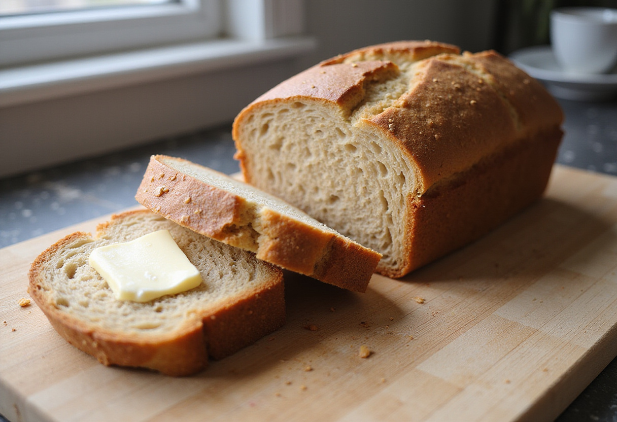 Delicious sliced and buttered modern spelt bread, ready to serve.