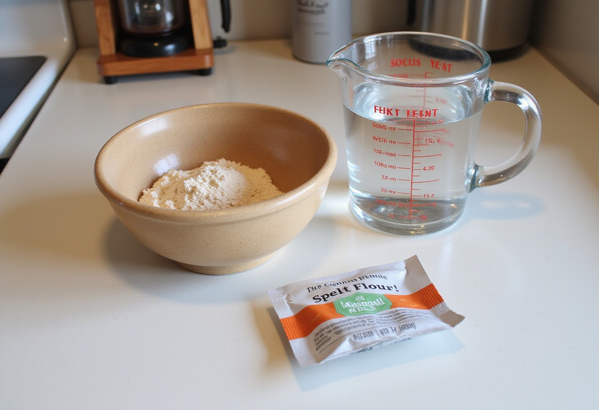 Preparing spelt flour, water, and yeast for a modern spelt bread recipe.
