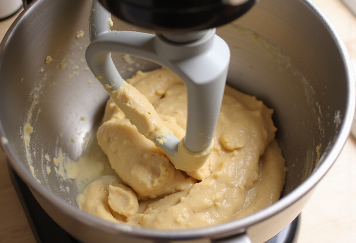 Mixing spelt flour dough in a KitchenAid mixer for a modern bread recipe.