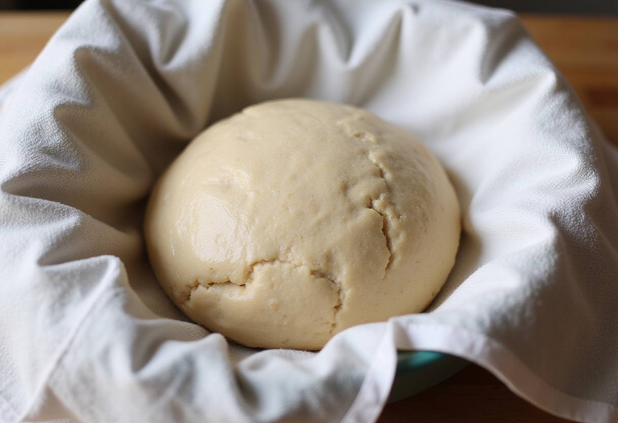 Spelt dough proofing in a bowl covered with a towel for a modern spelt bread.