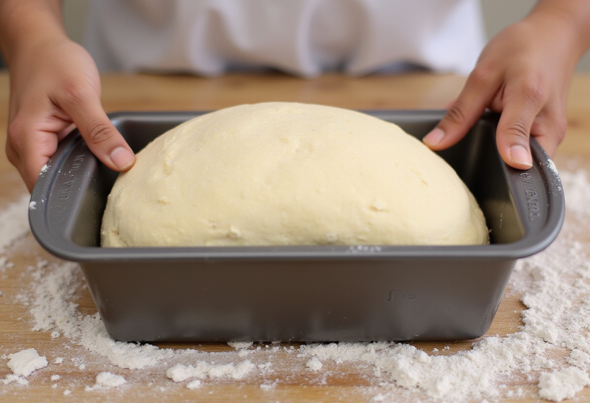 Placing spelt dough into a loaf pan for a modern rendition of spelt bread.