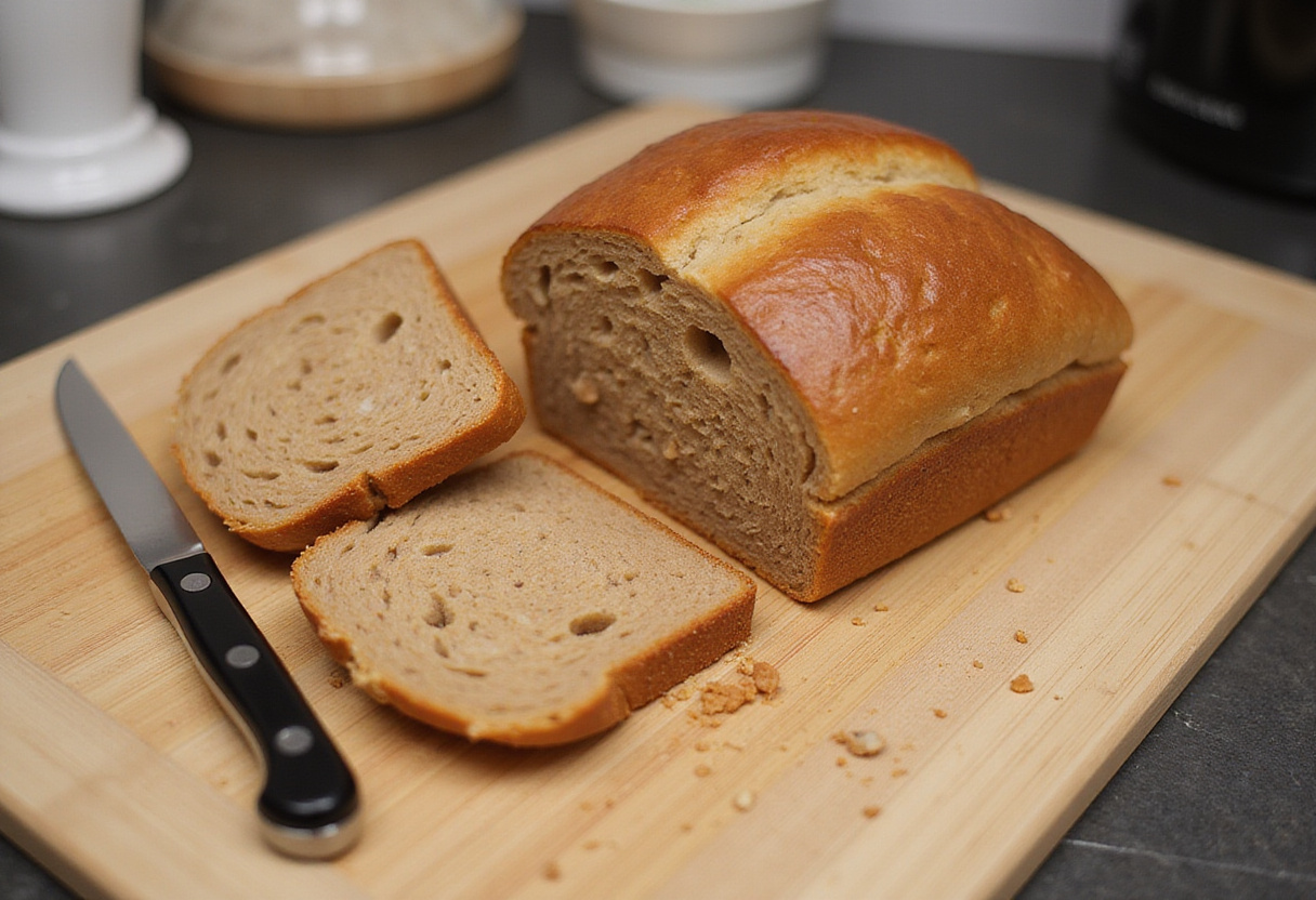 Freshly baked modern whole wheat bread, sliced and ready to eat.