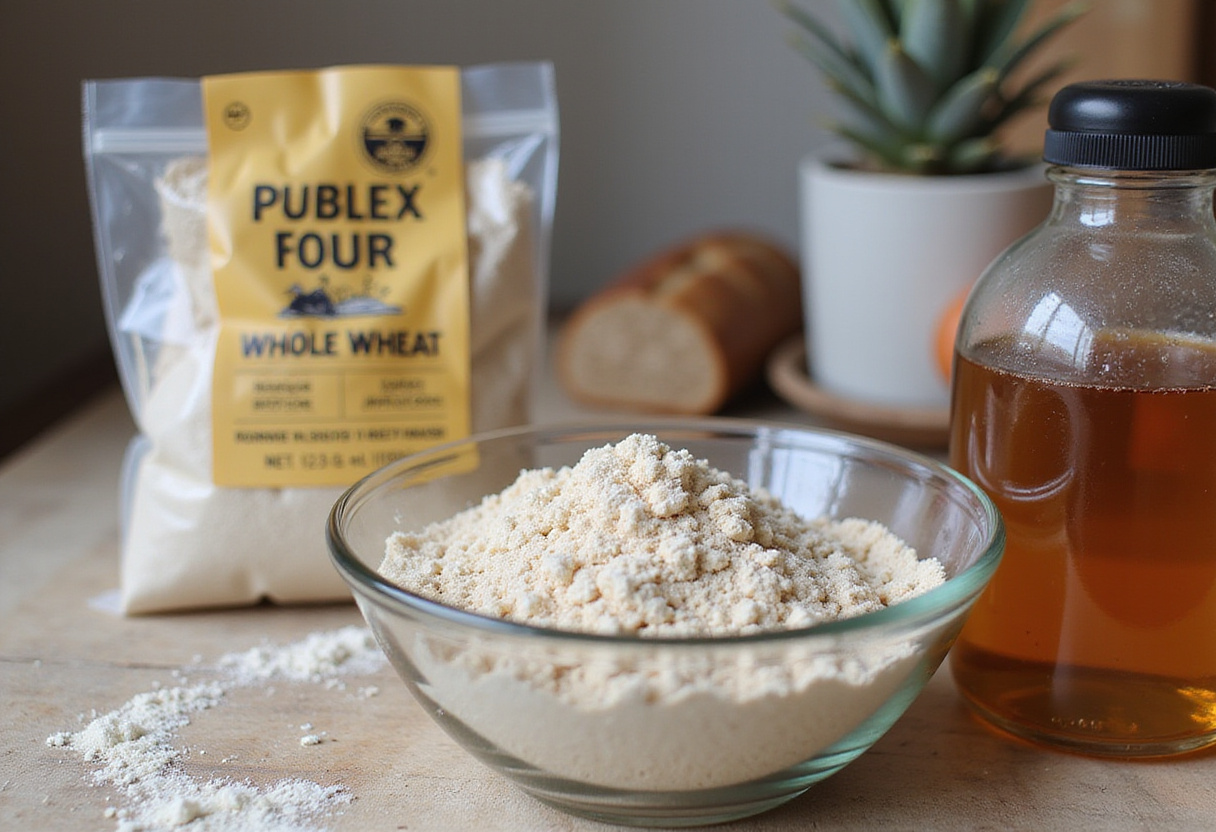 Ingredients for modern whole wheat bread: flour, yeast, and honey.