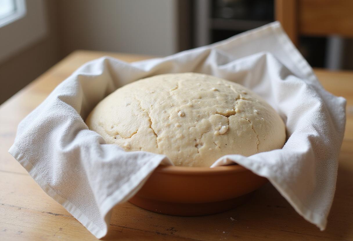 Whole wheat bread dough rising under a towel.