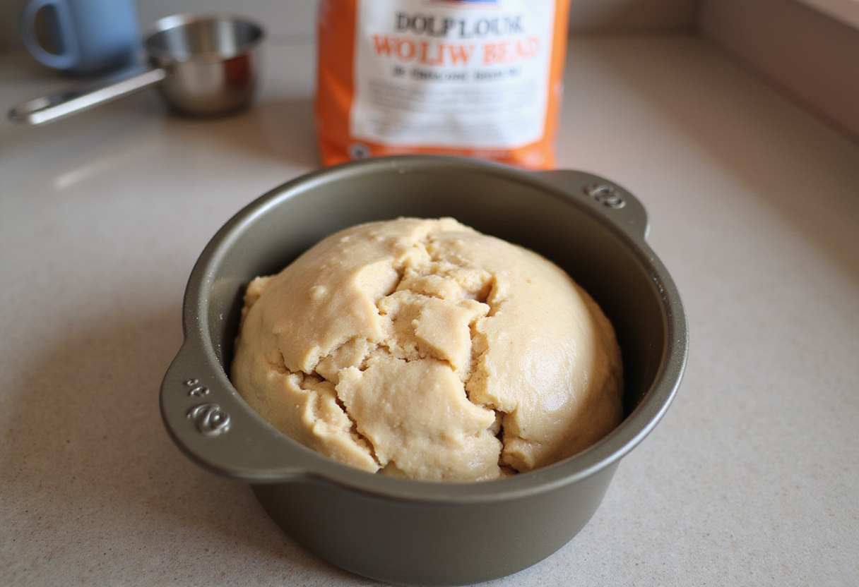 Placing whole wheat bread dough into a loaf pan before baking.
