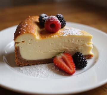 Delicious Thermomix Cheesecake slice with berries and powdered sugar.