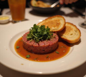 Finished modern Fuet Tartare served with toasted bread, perfect as a gourmet appetizer.