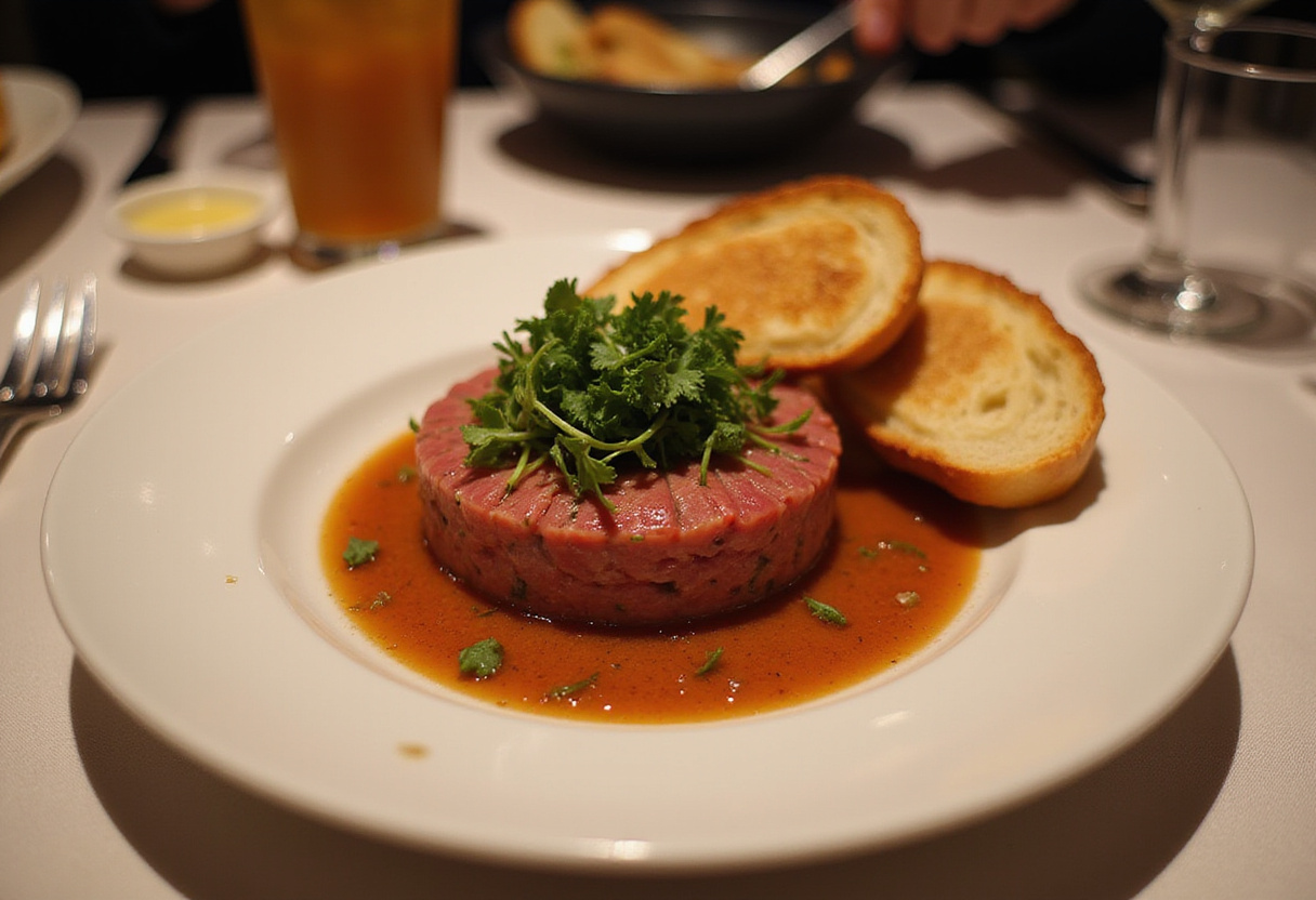 Finished modern Fuet Tartare served with toasted bread, perfect as a gourmet appetizer.