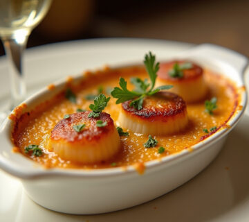 Vieiras gratinadas al horno doradas y jugosas, listas para servir con un toque de limón y perejil.