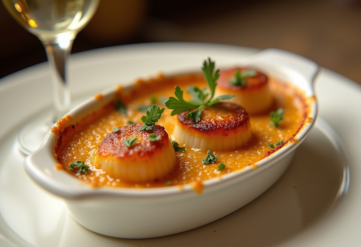Vieiras gratinadas al horno doradas y jugosas, listas para servir con un toque de limón y perejil.