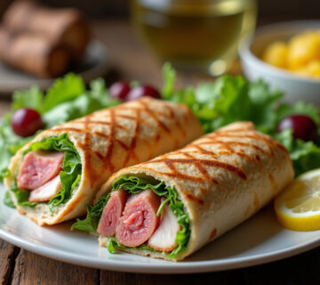 Wrap de atún ligero y fresco cortado y servido con ensalada y limón.