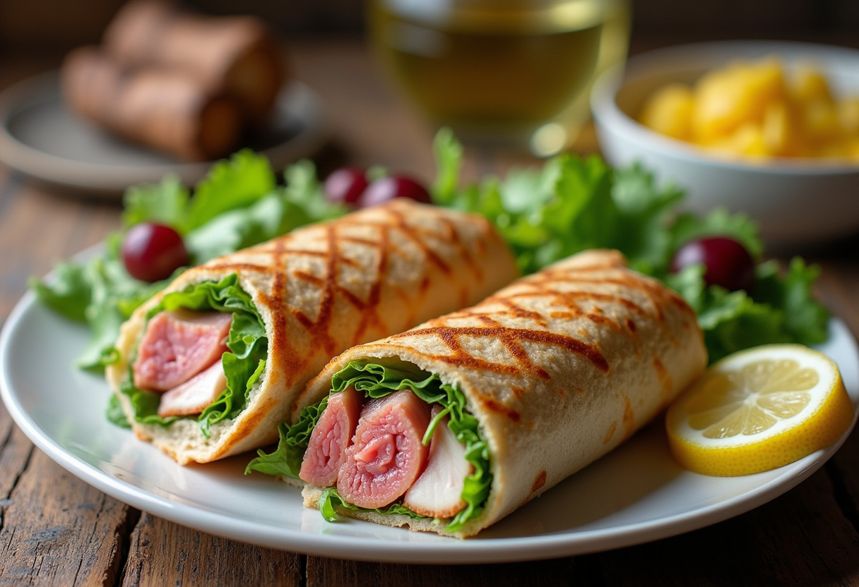 Wrap de atún ligero y fresco cortado y servido con ensalada y limón.