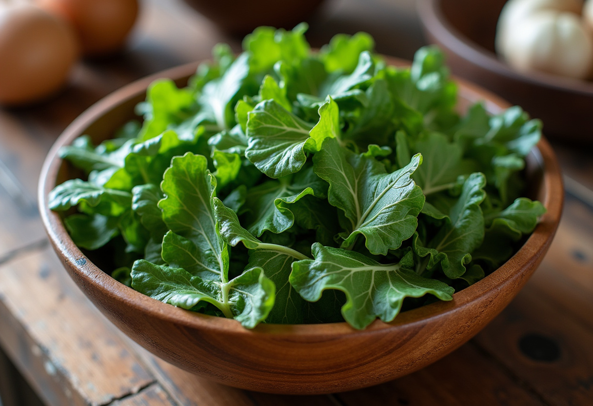 Escarole y endibias frescas en un bol de madera para preparar Xató catalán.