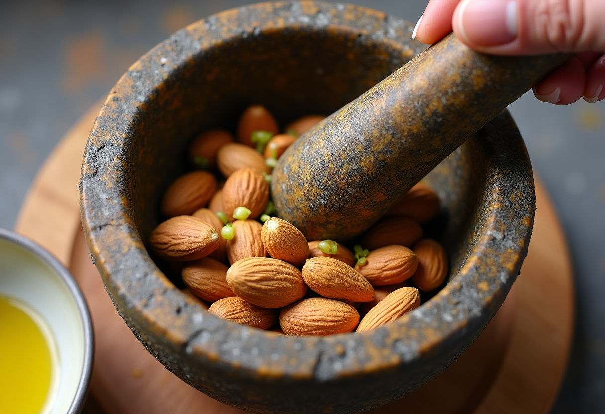 Almendras, ajo y migas de pan en un mortero para la salsa de Xató catalán.