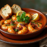 Zarzuela de mariscos terminada, presentada en un plato de barro con perejil y limón.