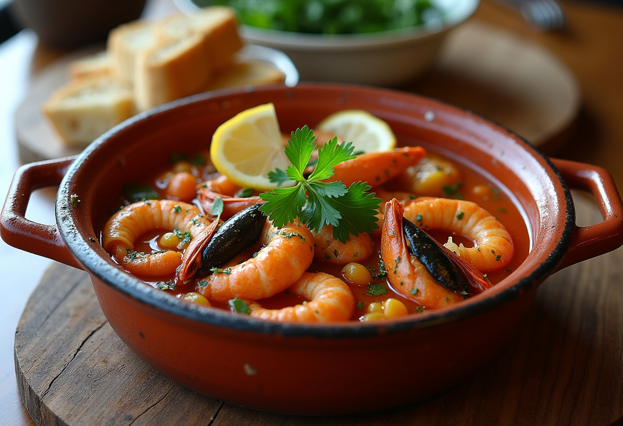 Zarzuela de mariscos terminada, presentada en un plato de barro con perejil y limón.