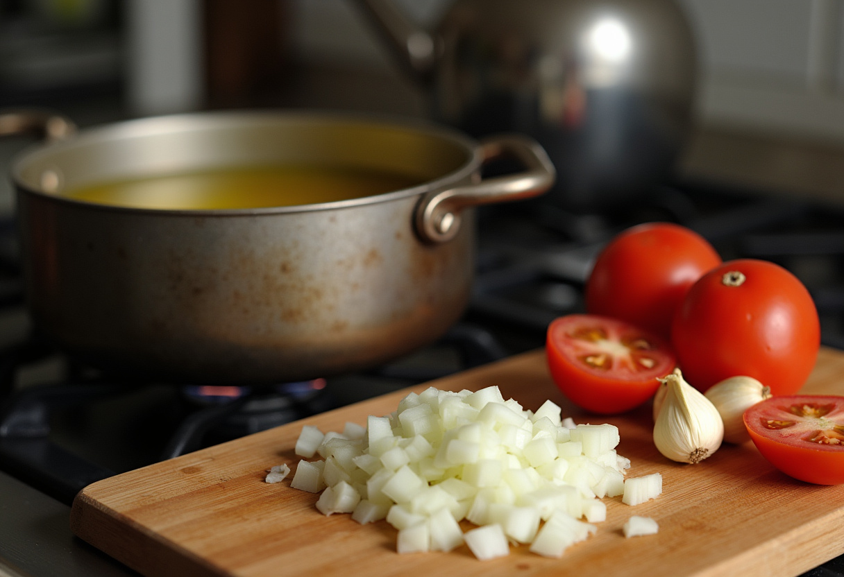 Preparación de la base de la zarzuela de mariscos con aceite de oliva, cebolla, ajo y tomate.