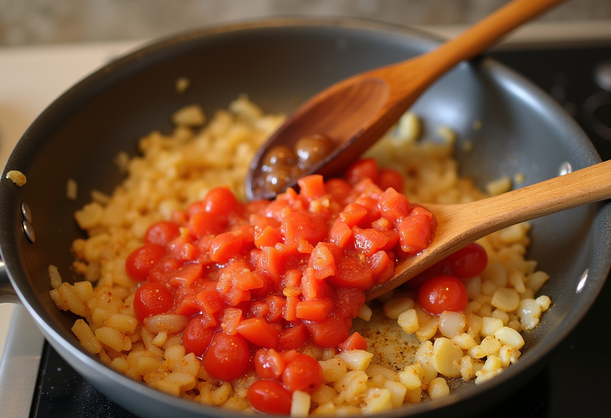 Sofrito de cebolla, ajo y tomate con azafrán para la zarzuela de mariscos.