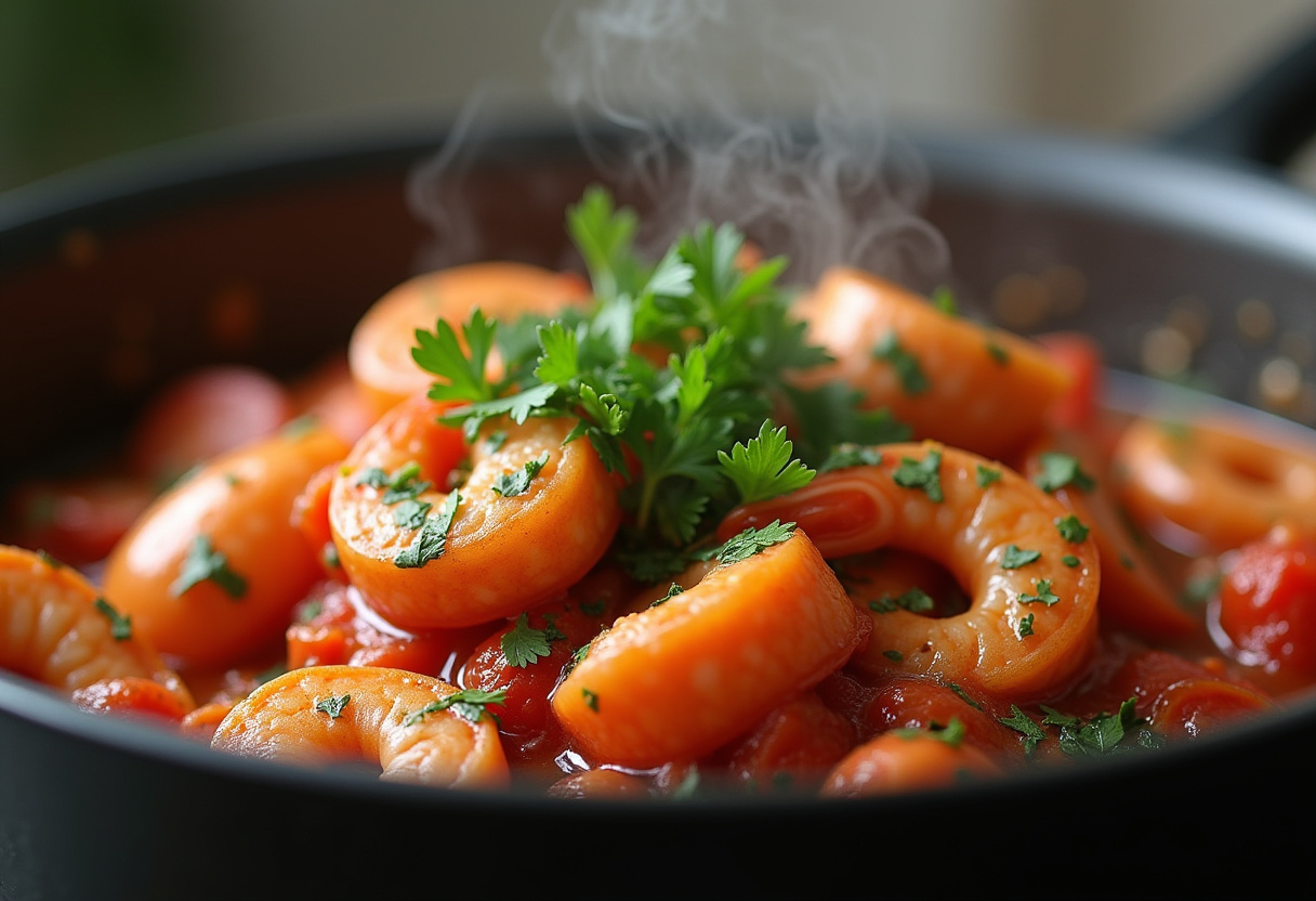 Zarzuela de mariscos cocinándose a fuego lento con perejil fresco.