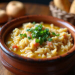 Arroz caldoso con pollo servido en bol rústico con perejil fresco