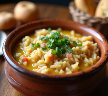 Arroz caldoso con pollo servido en bol rústico con perejil fresco