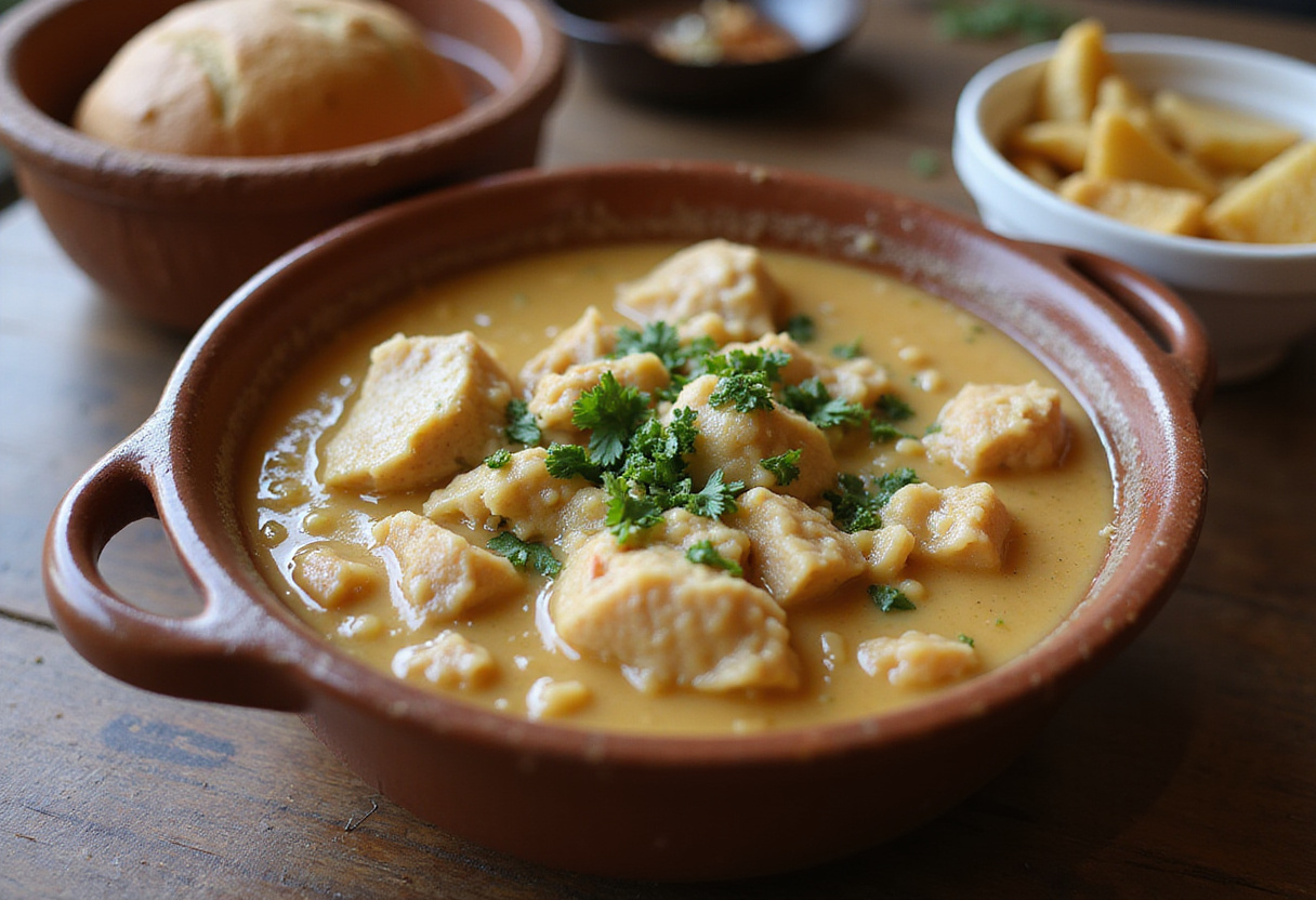 Arroz caldoso con pollo servido en bol rústico con perejil fresco